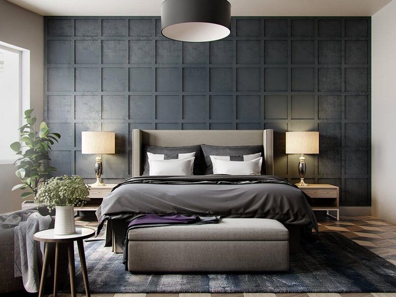dormitorio con pared gris
